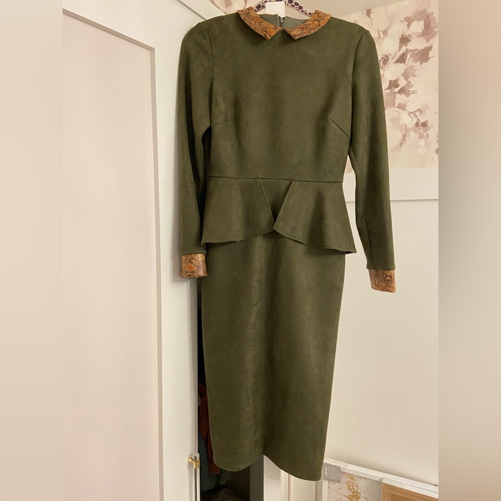 green suede and snakeskin peplum dress